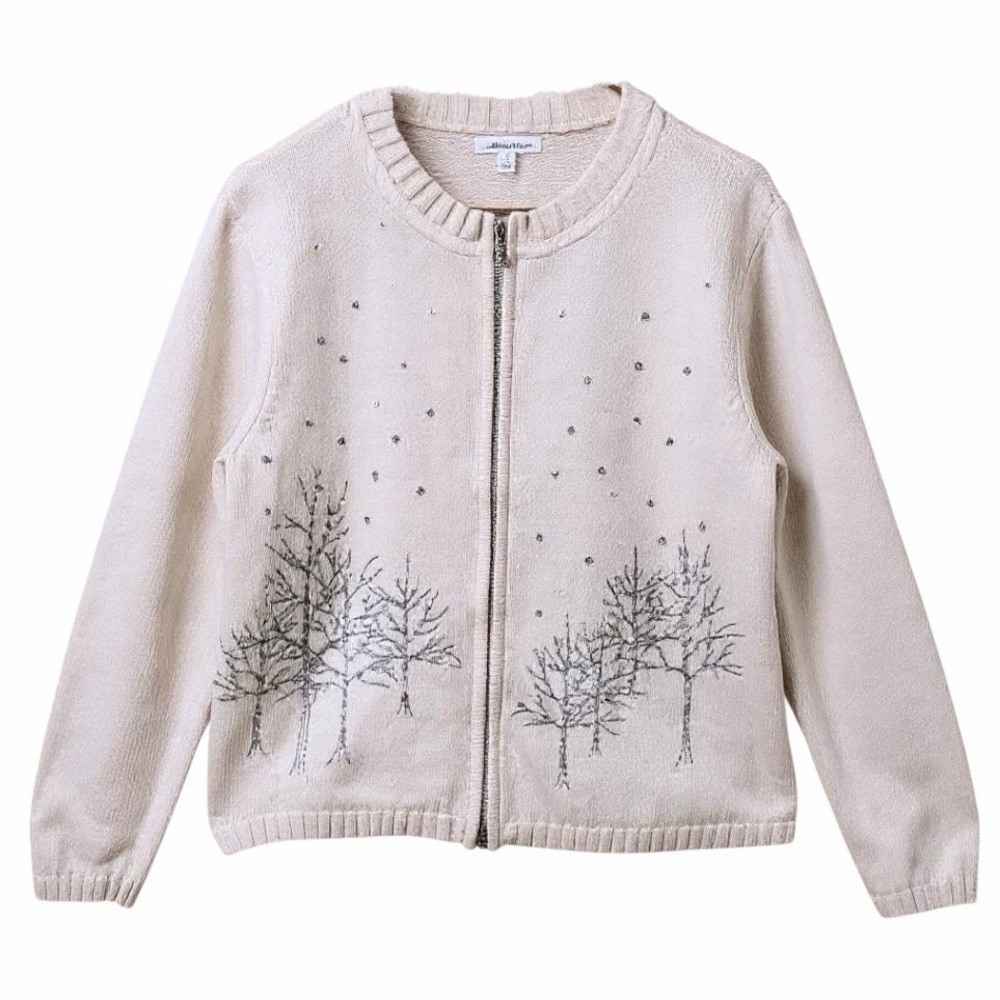 Croft & Barrow Winter Tree Cardigan Sweater Zip Front Embellished Ivory Large